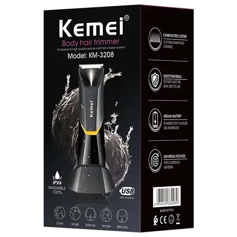 Kemei KM-3208 Professional Body Hair Trimmer. LED light, USB charging, waterproof for precise men & women intimate shaving.