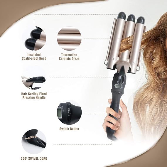3-Barrel Ceramic Hair Curler Wand – Waver Curling Iron with LCD Display and 14 Adjustable Temperatures (80-210°C)