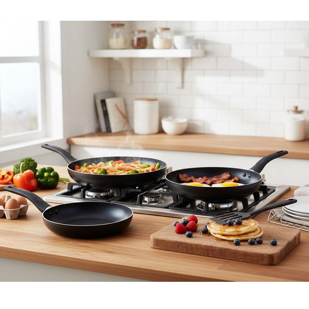 OE-017 4-Piece Non-Stick Frying Pan Set. 3 pans & nylon spatula in 20cm, 24cm, 26cm. Dishwasher-safe aluminum body. (Black)