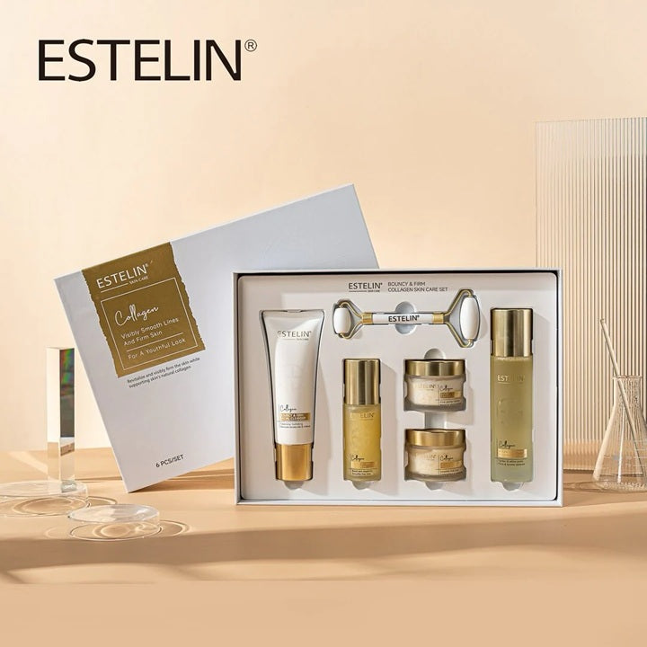 Bouncy & Firm Collagen Skin Care Set (Original), Anti-Aging Collagen Kit, Facial Cleanser:120g, Essence Toner: 100ml, Face Serum: 50 ml, Day Cream:50 g, Night Cream: 50g.