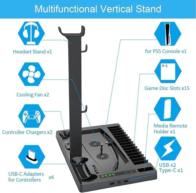 Vertical Stand Cooling Fan for PS5 – Dual Controller Charger with Multifunctional Features