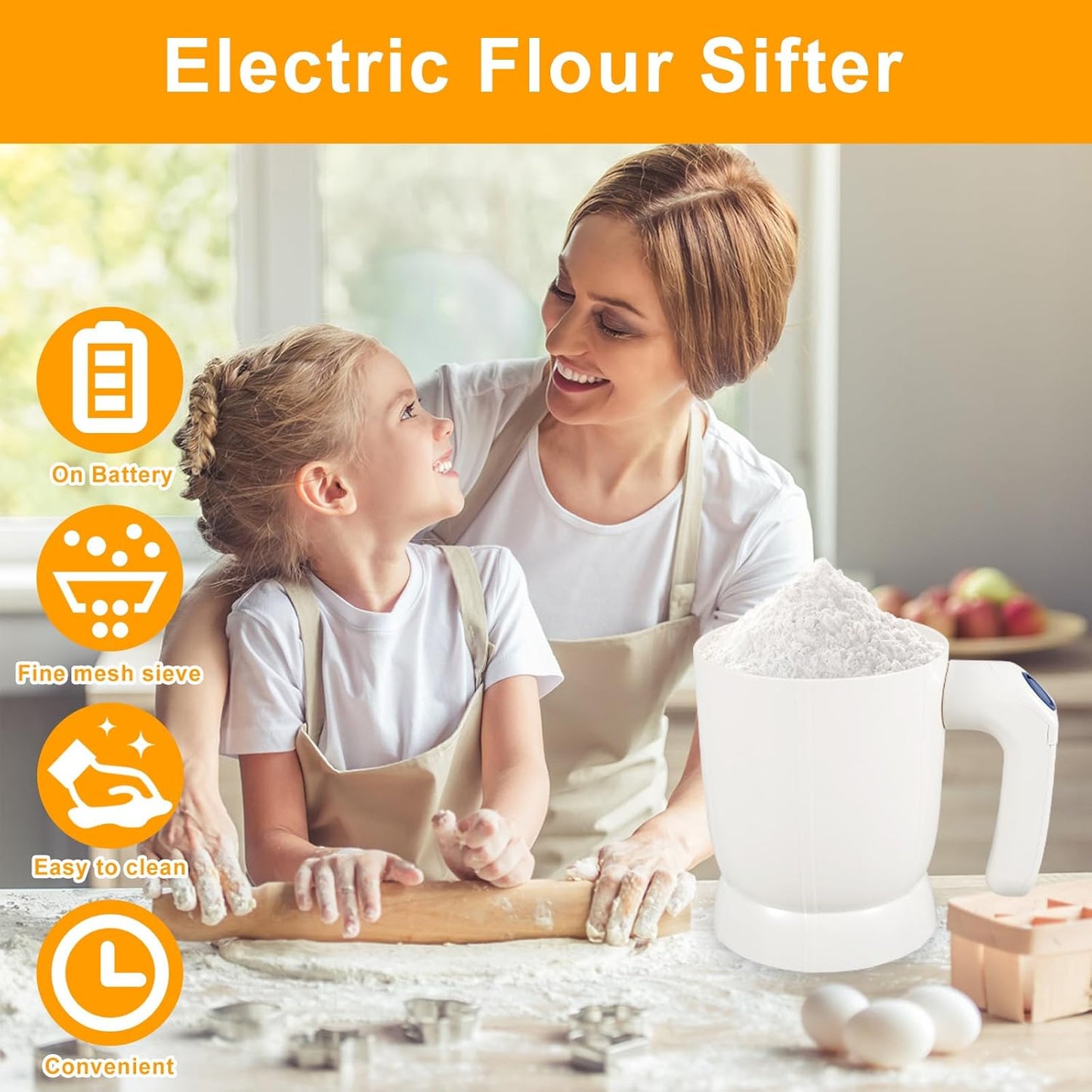 Electric Flour Sifter – Battery-Operated Steel Mesh Sieve for Effortless Baking and Pastry Making