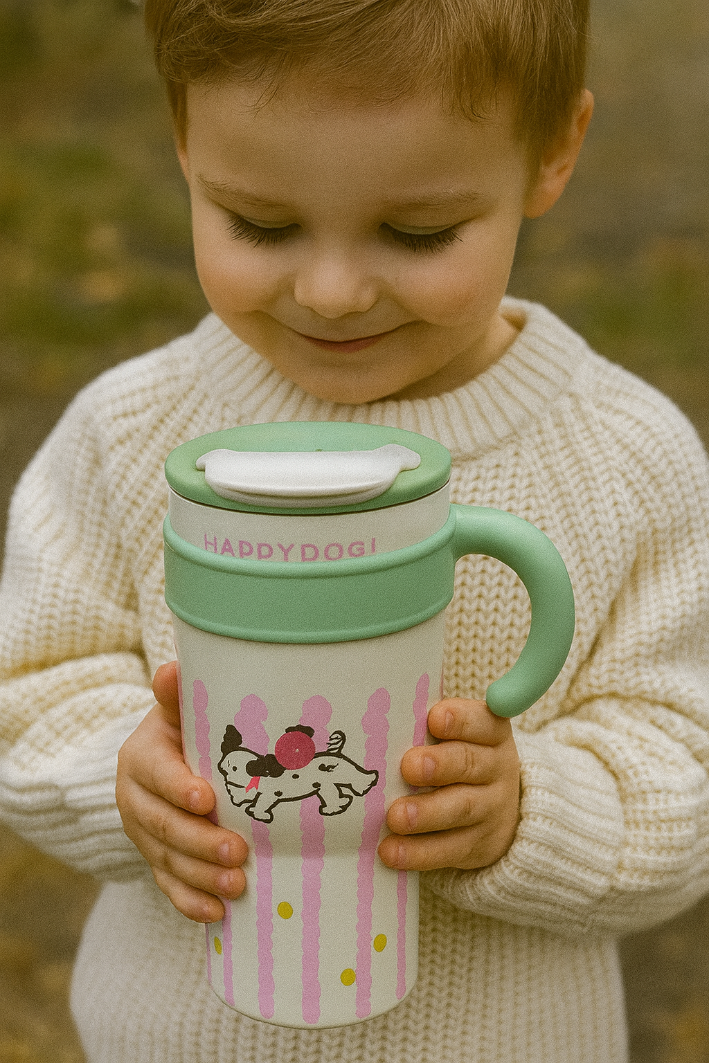 Happy Dog Tumbler, Reuseable Travel Mug, Easy to grip, Fun personal mug, Ergonomic handle, Silicone lid.