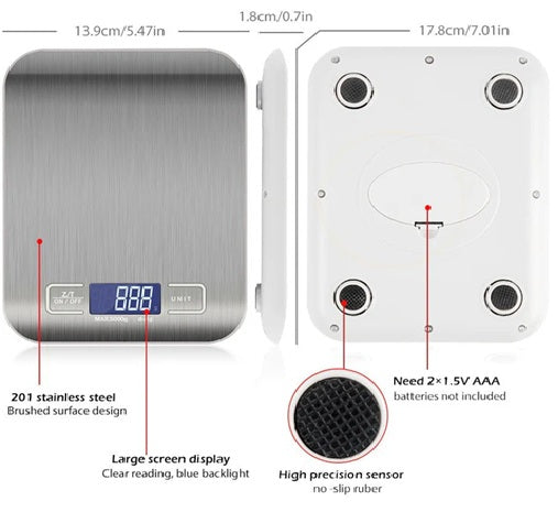 Digital Electronic Kitchen Food Diet Postal Scale Weight, Balance 5KG 1g 11lb, Kitchen Scales, Stainless Steel, Weighing Food, Diet Postal, Balance Measuring, LCD Precision Electronic.