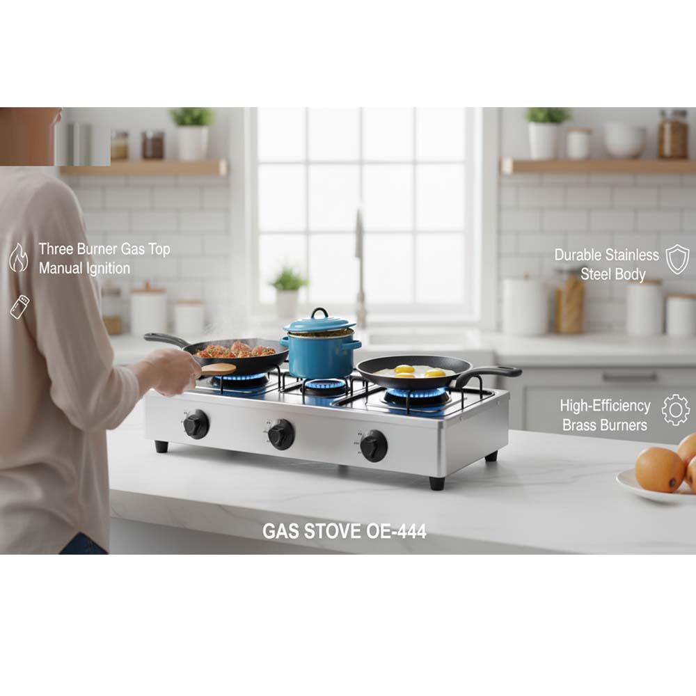 OE-444 3-Burner Gas Stove. Stainless steel enamel body with auto ignition for efficient, powerful triple-burner cooking.
