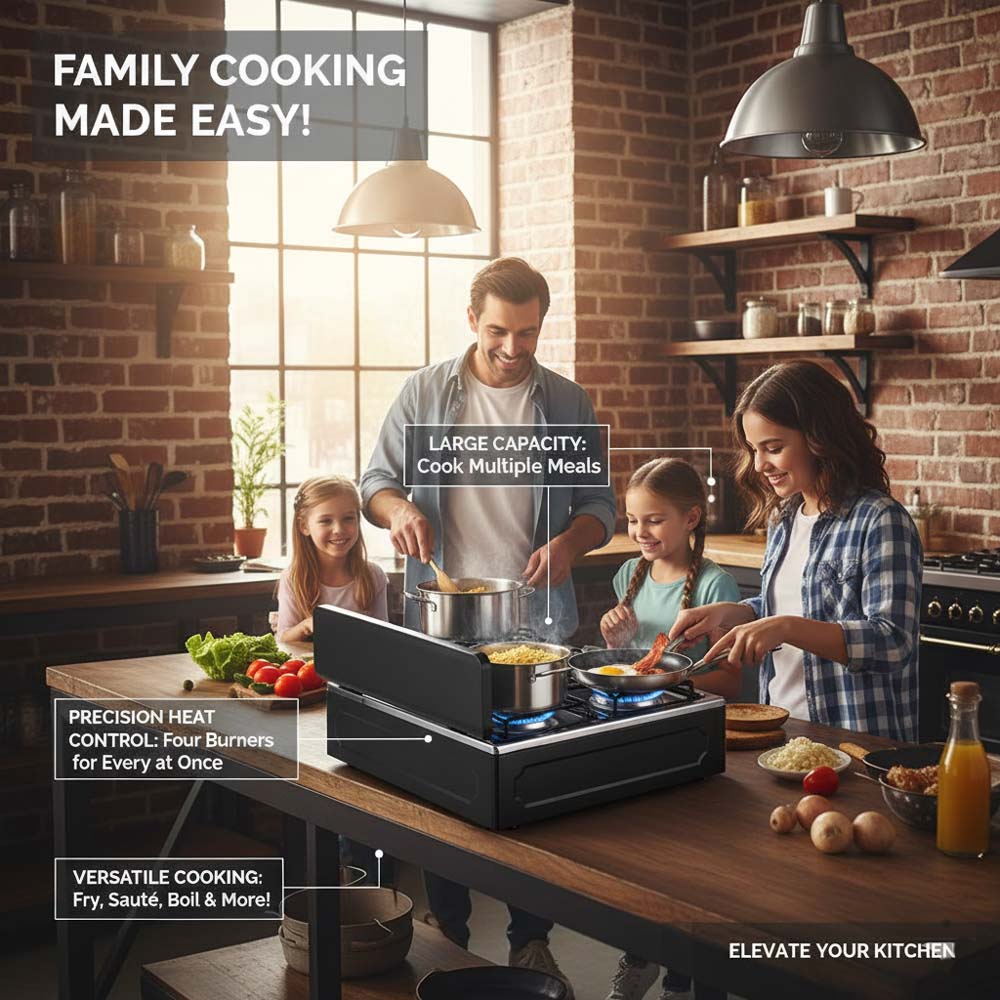 OE-441 European 4-Burner Gas Stove. Sabaf burners, pulse ignition & cast iron pan supports. For home & outdoor use.