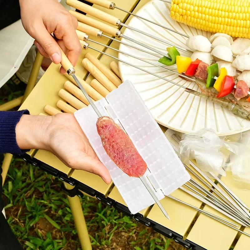 6 Pcs Kebab Skewers | Barbecue Skewers with Wooden Handle | Reusable Stainless Steel Metal BBQ Kabab Sticks