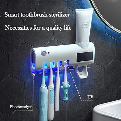 3-in-1 Intelligent Photosensitive Toothpaste Dispenser | Wall Mounted USB Rechargeable Solar Power Toothbrush Holder (White)