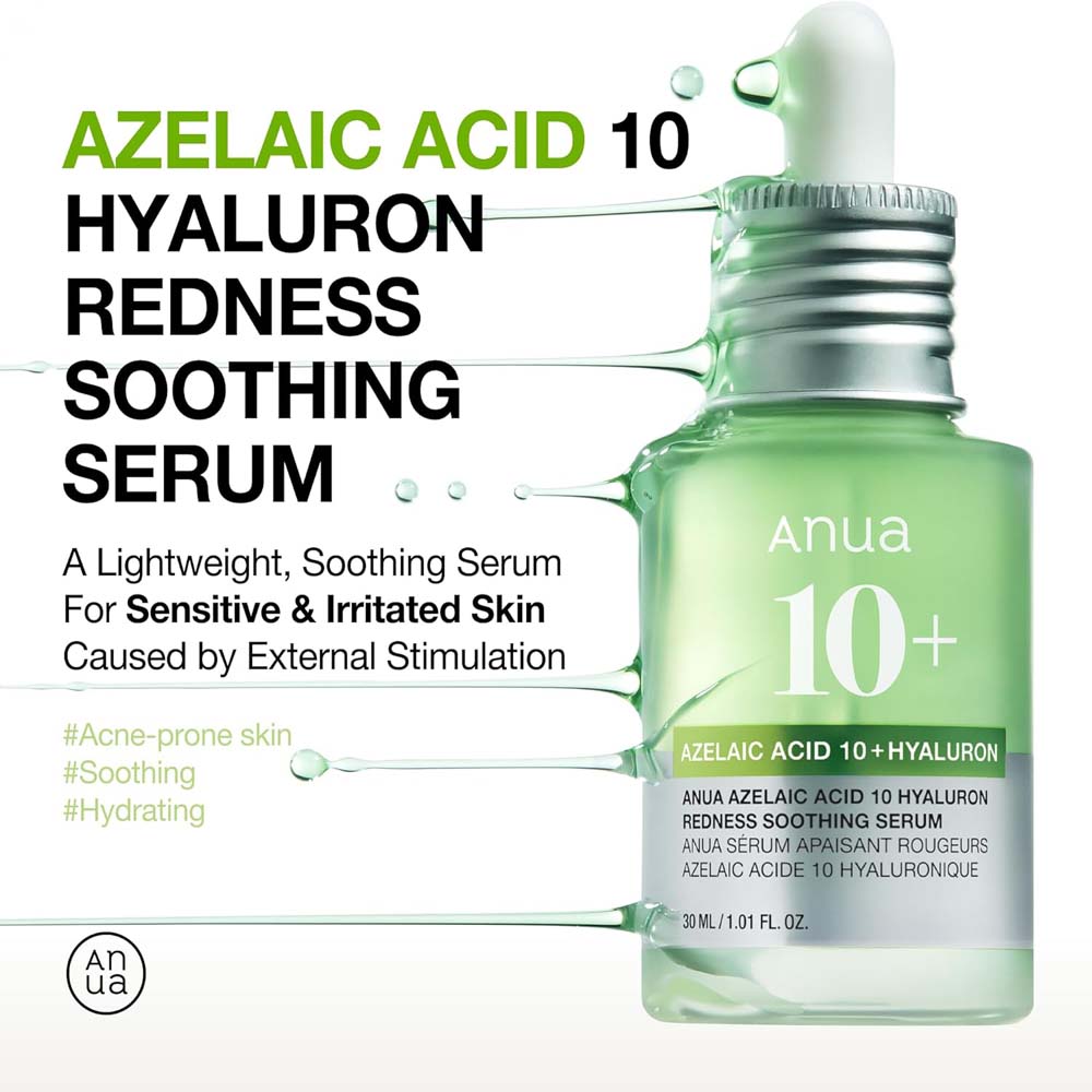 Anua Azelaic Acid 10 Soothing Serum with Hyaluronic Acid & Niacinamide for redness-prone, sensitive skin. Vegan Korean skincare.