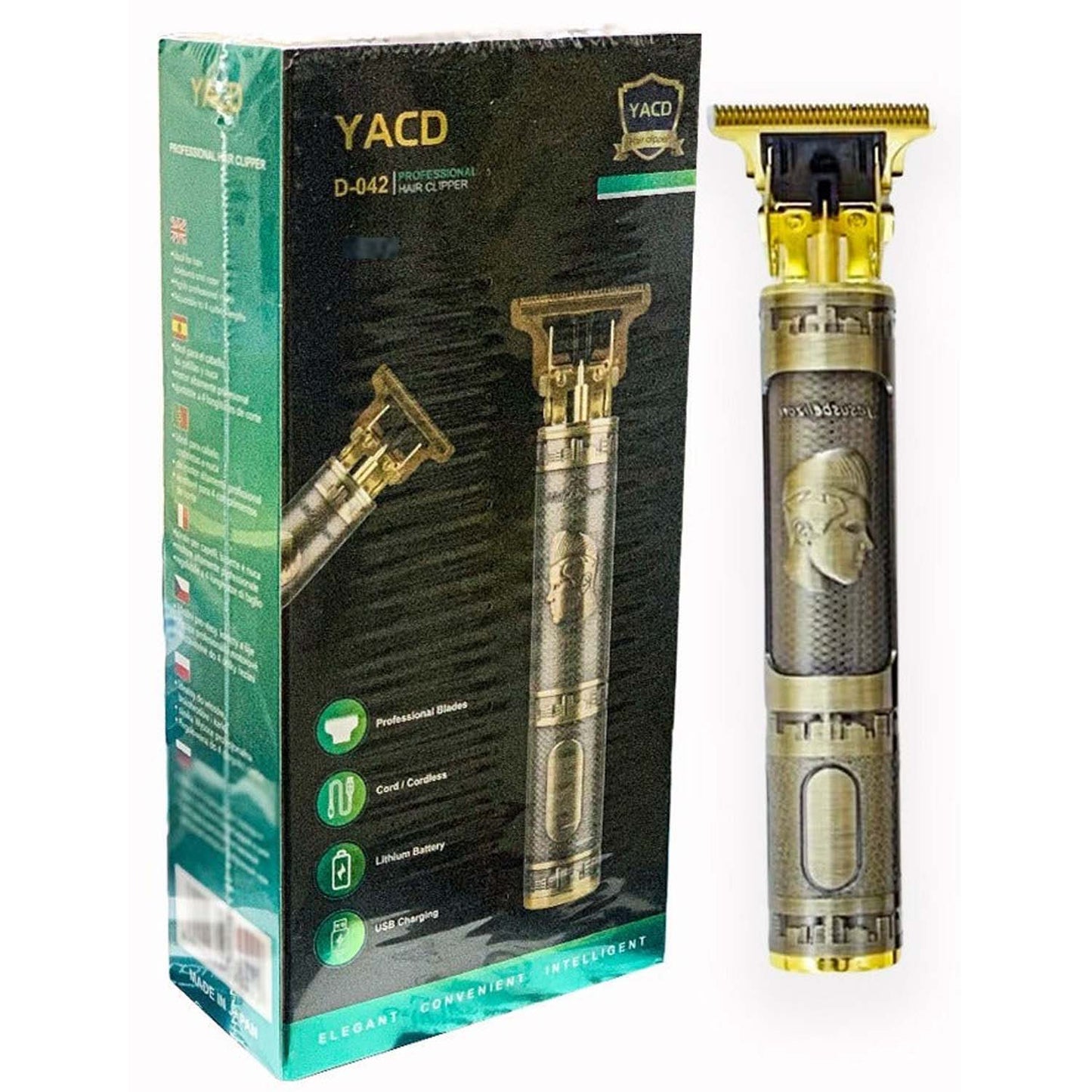 YACD D-044 Cordless Hair Clipper. Affordable elegant metal body, professional stainless blade, USB charging, 120-min runtime.