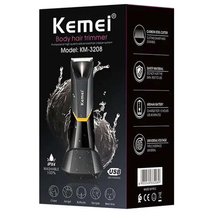 Kemei KM-3208 Professional Body Hair Trimmer. LED light, USB charging, waterproof for precise men & women intimate shaving.