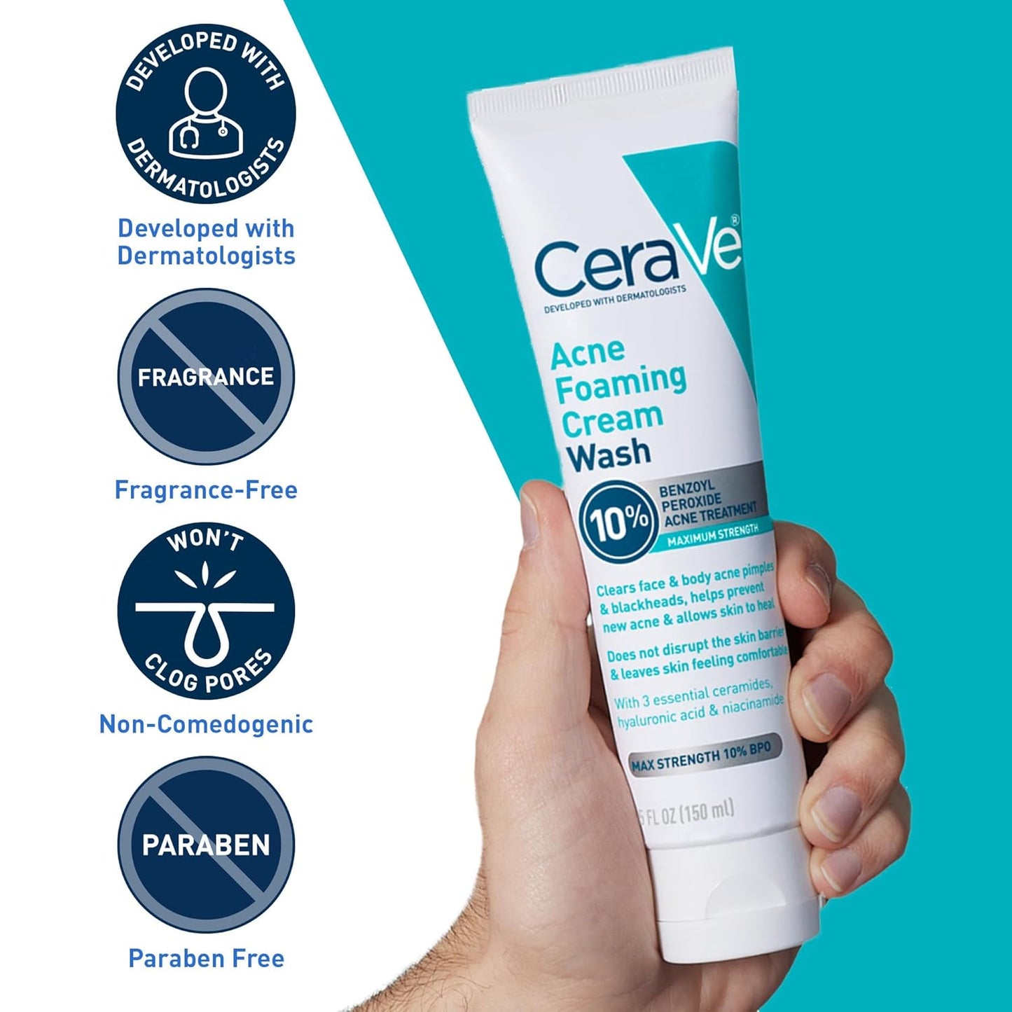 CeraVe Acne Foaming Cream Wash with 10% Benzoyl Peroxide. Treats breakouts on face & body, gentle with Niacinamide & Hyaluronic Acid.