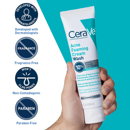 CeraVe Acne Foaming Cream Wash with 10% Benzoyl Peroxide. Treats breakouts on face & body, gentle with Niacinamide & Hyaluronic Acid.