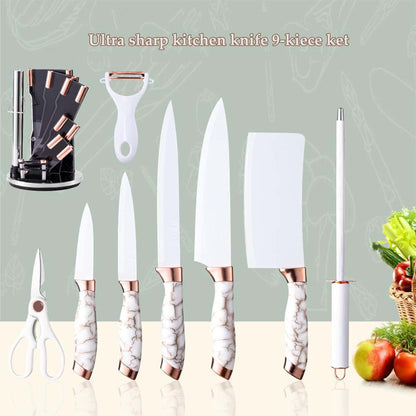 9-Piece White Kitchen Knife Set Ultra-sharp non-stick blades with cracked handle design & acrylic stand. Perfect gift set.