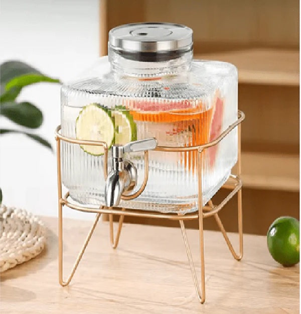 Glass Water Server with Stand, Home, Kitchen, Parties, Outdoor Events, Offices, Drinkware / Beverage Dispenser, Metal stand.