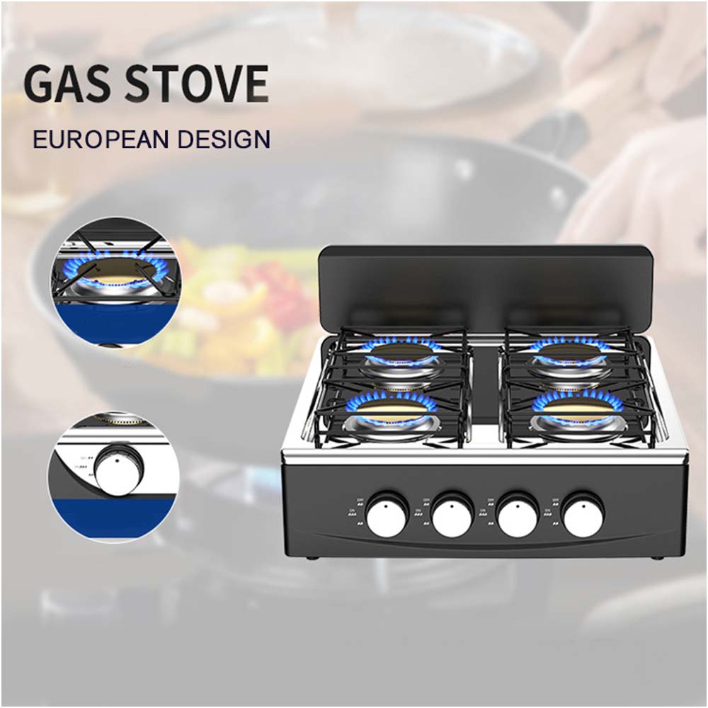 OE-441 European 4-Burner Gas Stove. Sabaf burners, pulse ignition & cast iron pan supports. For home & outdoor use.