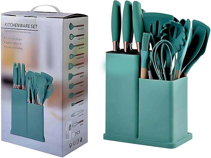 19-Piece Silicone Cooking Utensils & Knife Set with Block | Includes 11 Silicone Utensils, 5 Stainless Steel Knives, Scissors, Cutting Board | Teal