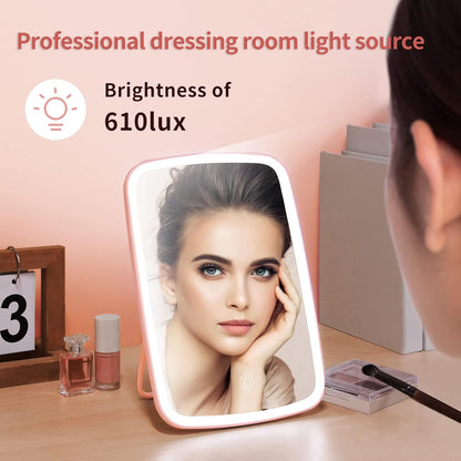 Makeup Vanity Mirror with 42 LED Lights, Touch Control, 3 Color Lighting, USB Rechargeable 2400mAh Battery, Portable Travel Mirror - Pink
