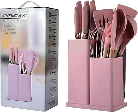 19-Piece Silicone Cooking Utensils & Knife Set with Block | Includes 11 Silicone Utensils, 5 Stainless Steel Knives, Scissors, Cutting Board | Pink