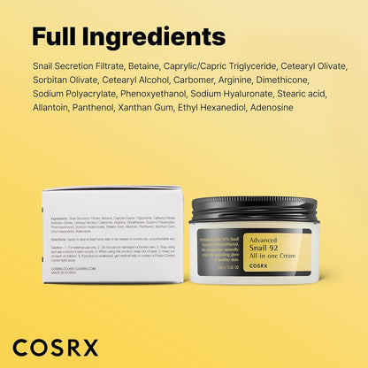 COSRX Advanced Snail 92 All In One Cream - 100g Korean Moisturizer with 92% Snail Mucin for Hydration & Repair