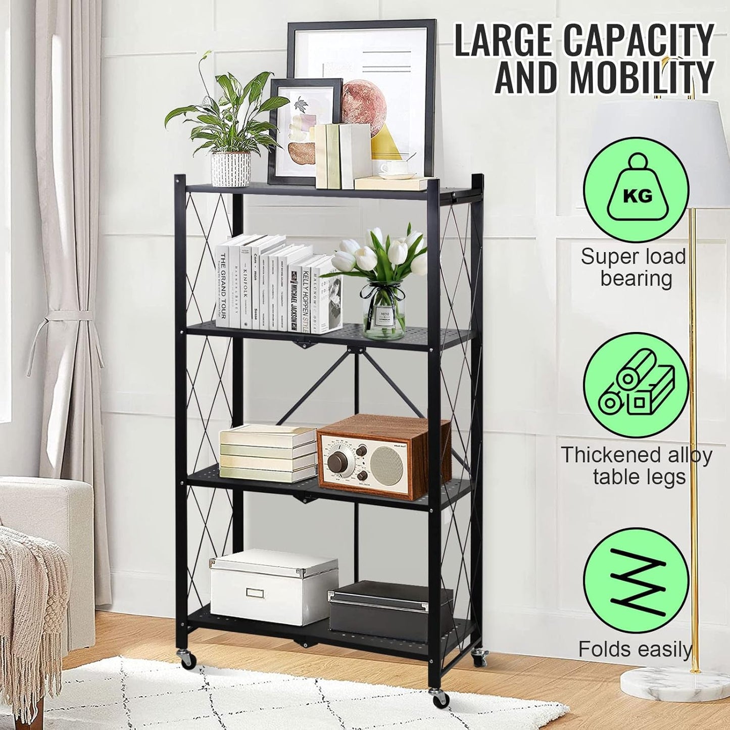 4-Layer White Mobile Folding Kitchen Storage Rack – No-Installation, Thickened Multi-Purpose Shelf (Black)