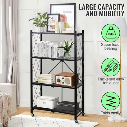 4-Layer White Mobile Folding Kitchen Storage Rack – No-Installation, Thickened Multi-Purpose Shelf (Black)