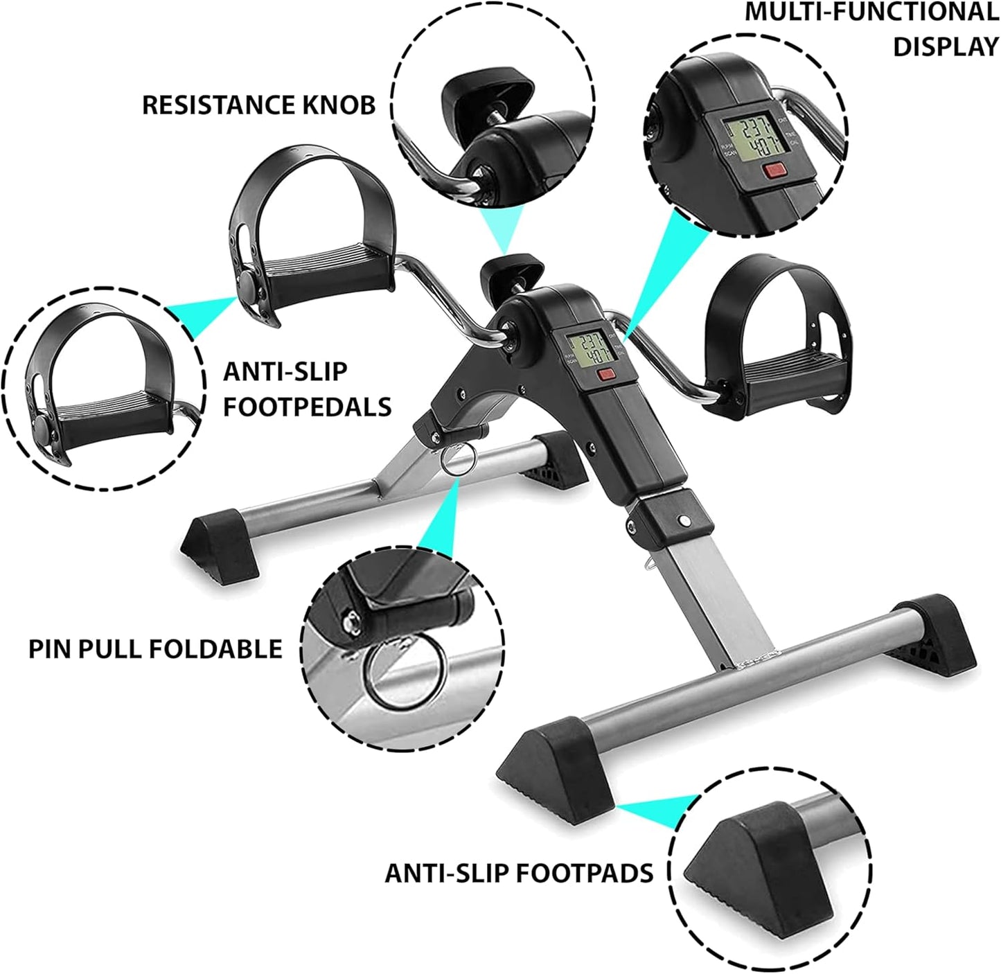 Mini Exercise Bike | Compact Arm and Leg Exerciser with LCD Monitor | Adjustable Resistance & Foldable Pedals