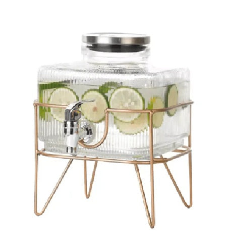 Glass Water Server with Stand, Home, Kitchen, Parties, Outdoor Events, Offices, Drinkware / Beverage Dispenser, Metal stand.
