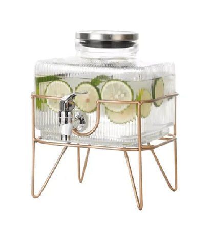 Glass Water Server with Stand, Home, Kitchen, Parties, Outdoor Events, Offices, Drinkware / Beverage Dispenser, Metal stand.