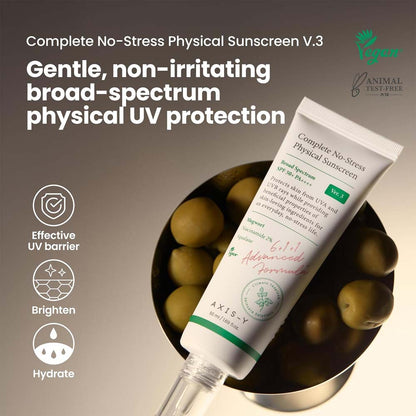 AXIS-Y No-Stress Physical Sunscreen V3. SPF 50 mineral sunblock with Niacinamide for sensitive, acne-prone skin. Vegan Korean skincare.