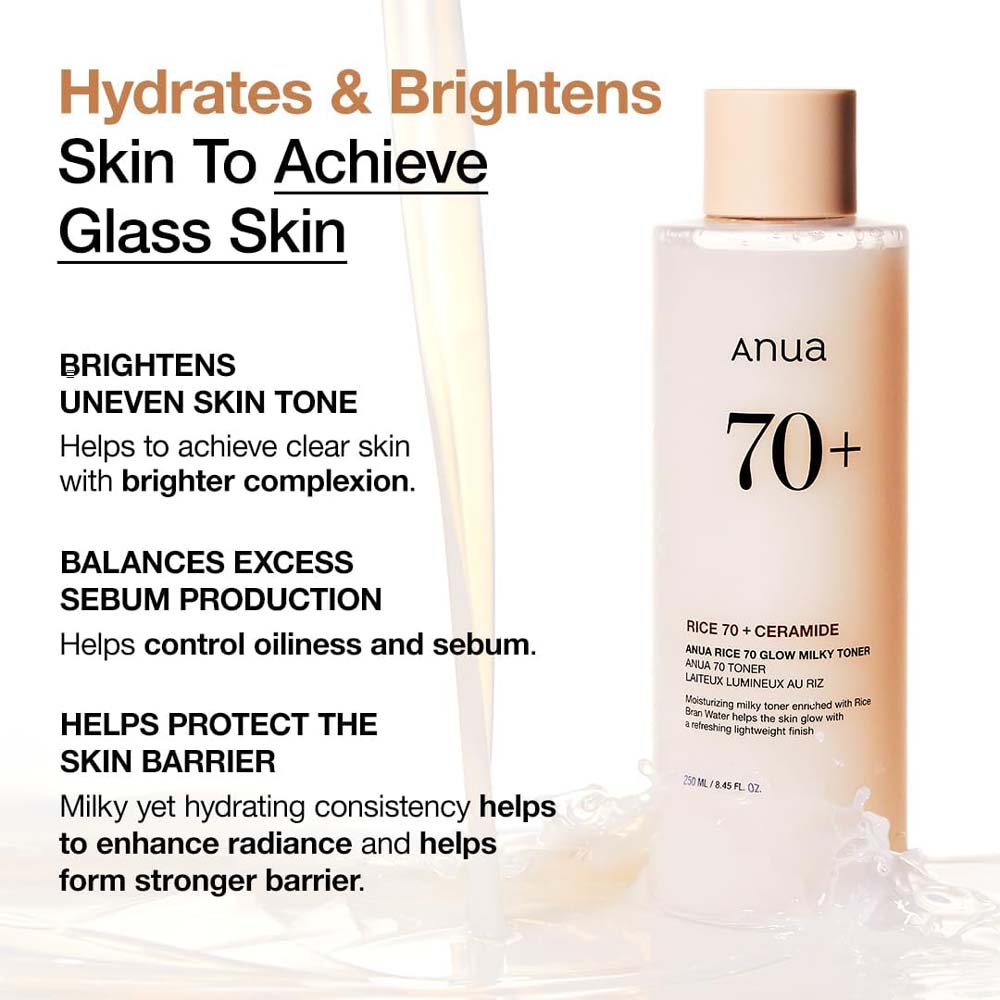 ANUA Rice 70 Glow Milky Toner. Nourishing rice water toner for glass skin. With Niacinamide & Ceramides. 250ml.
