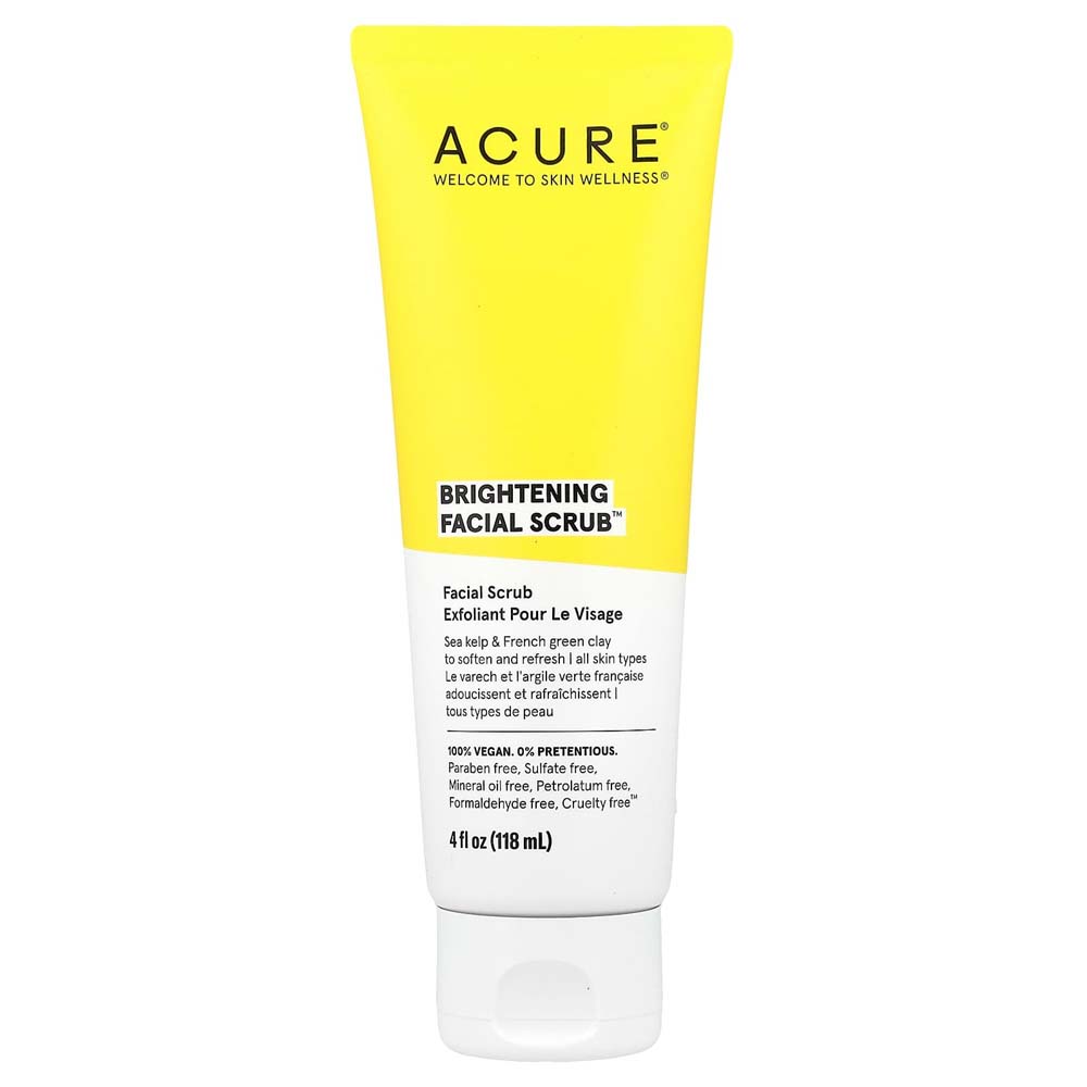 Acure Brightening Facial Scrub - Exfoliating Face Wash with Sea Kelp & French Green Clay, Gentle Daily Scrub for Radiant Skin