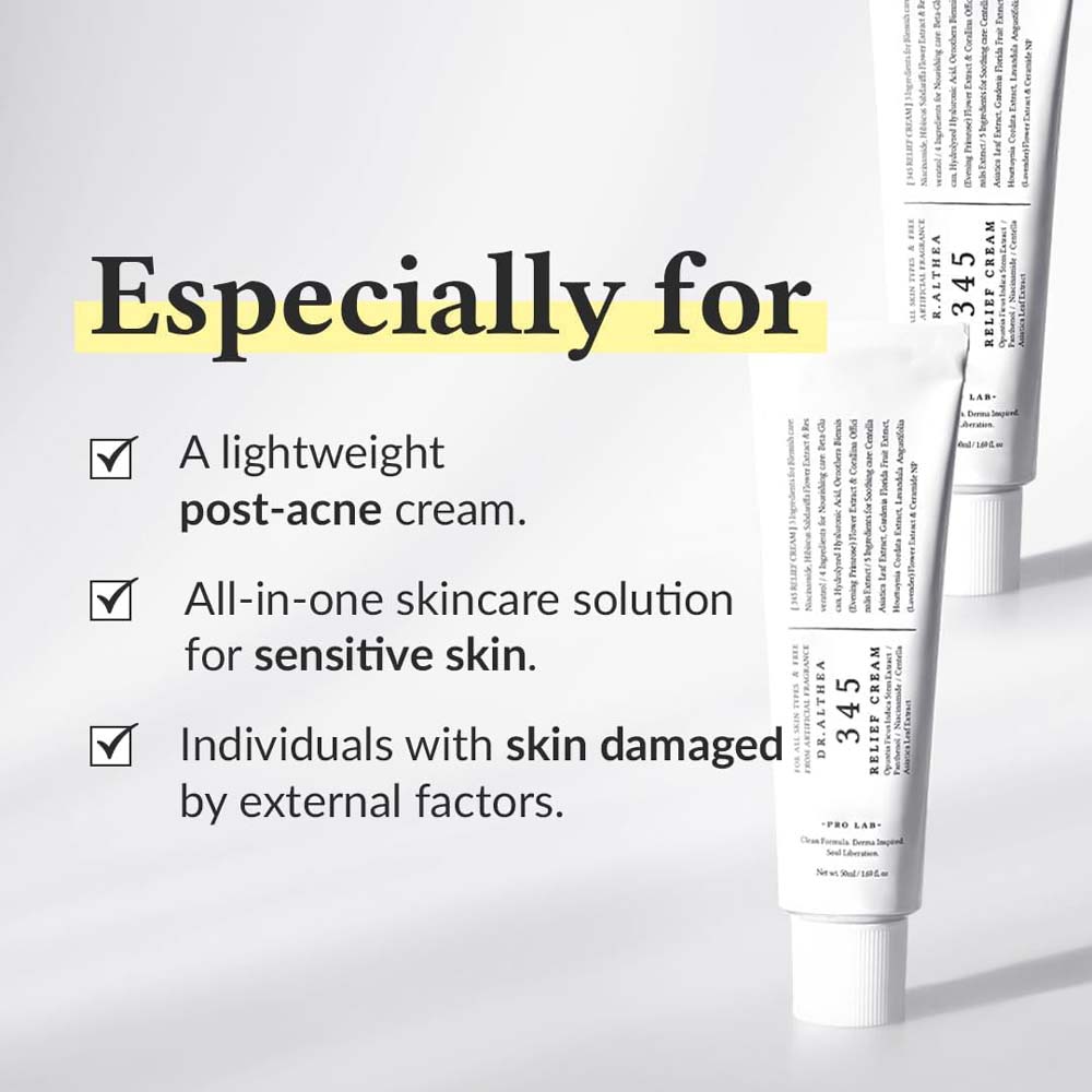 345 Relief Cream - Daily Face Moisturizer with Niacinamide & Panthenol, Soothing Blemish Care, Vegan Korean Skincare, 1.69oz