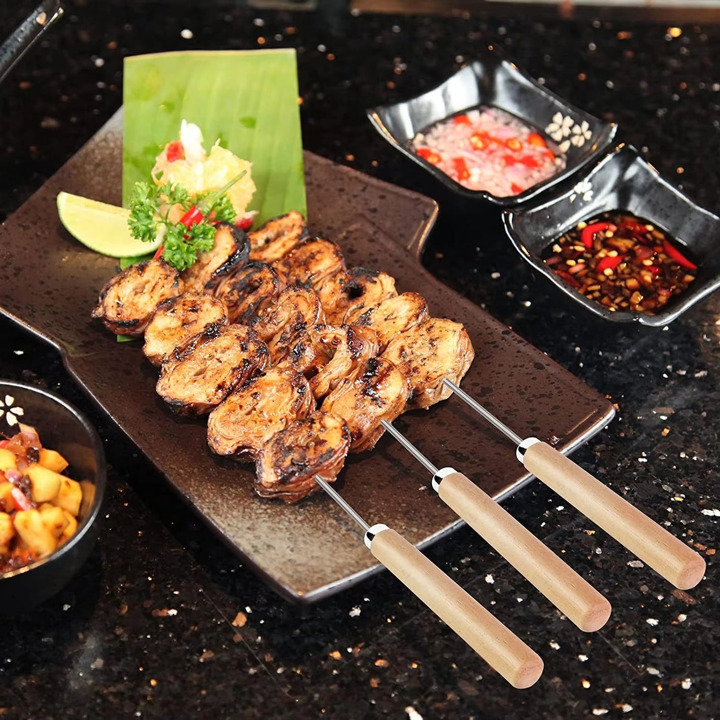 6 Pcs Kebab Skewers | Barbecue Skewers with Wooden Handle | Reusable Stainless Steel Metal BBQ Kabab Sticks