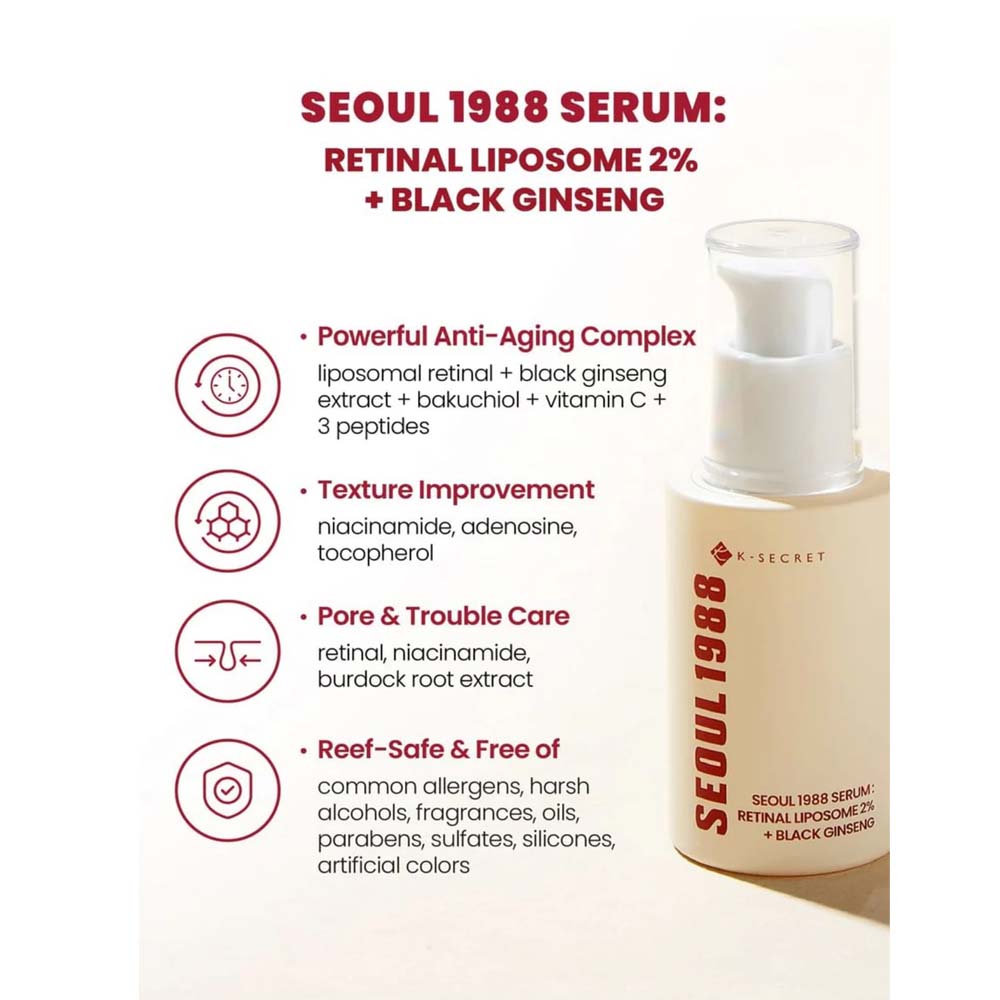 K-Secret SEOUL 1988 Serum with Retinal Liposome 2% & Black Ginseng – Anti-Aging, Wrinkle Care, Brightening & Firming Korean Face Serum 30ml