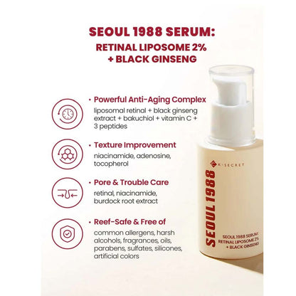 K-Secret SEOUL 1988 Serum with Retinal Liposome 2% & Black Ginseng – Anti-Aging, Wrinkle Care, Brightening & Firming Korean Face Serum 30ml