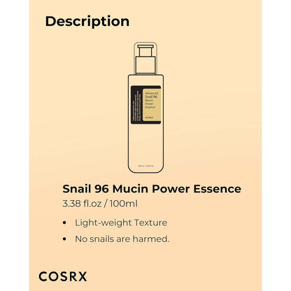 COSRX Advanced Snail 96 Mucin Power Essence. Hydrating & repairing snail secretion filtrate for plump, glowing skin. 100ml.