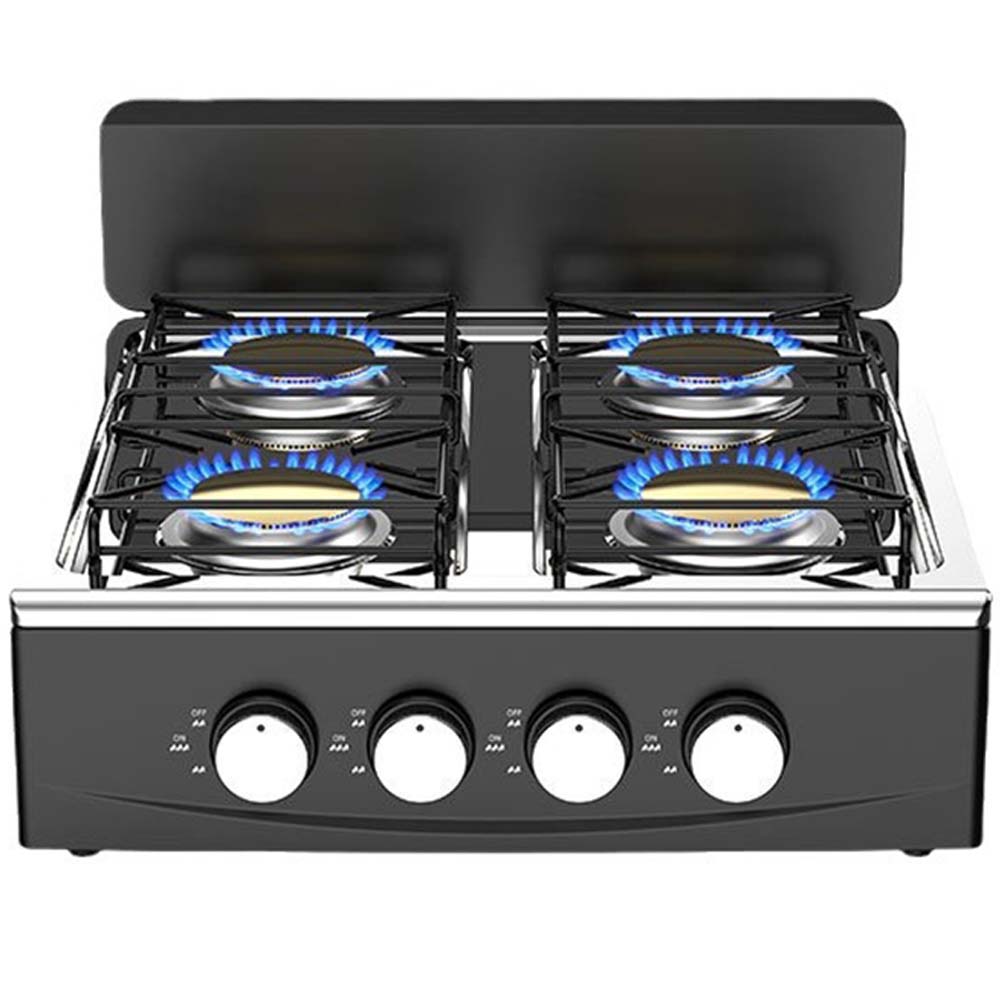 OE-441 European 4-Burner Gas Stove. Sabaf burners, pulse ignition & cast iron pan supports. For home & outdoor use.
