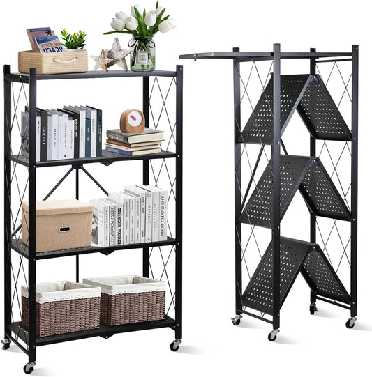 4-Layer White Mobile Folding Kitchen Storage Rack – No-Installation, Thickened Multi-Purpose Shelf (Black)