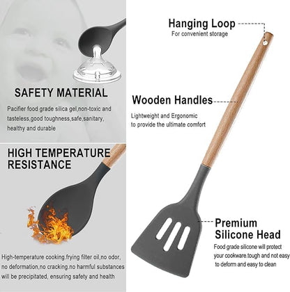 19-Piece Silicone Cooking Utensils & Knife Set with Block | Includes 11 Silicone Utensils, 5 Stainless Steel Knives, Scissors, Cutting Board | Grey