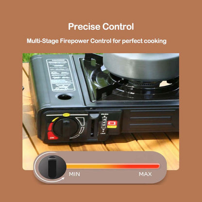 Portable Double Burner Card Stove. Windproof butane camp stove with 3-second ignition for fast outdoor cooking. Compact design.