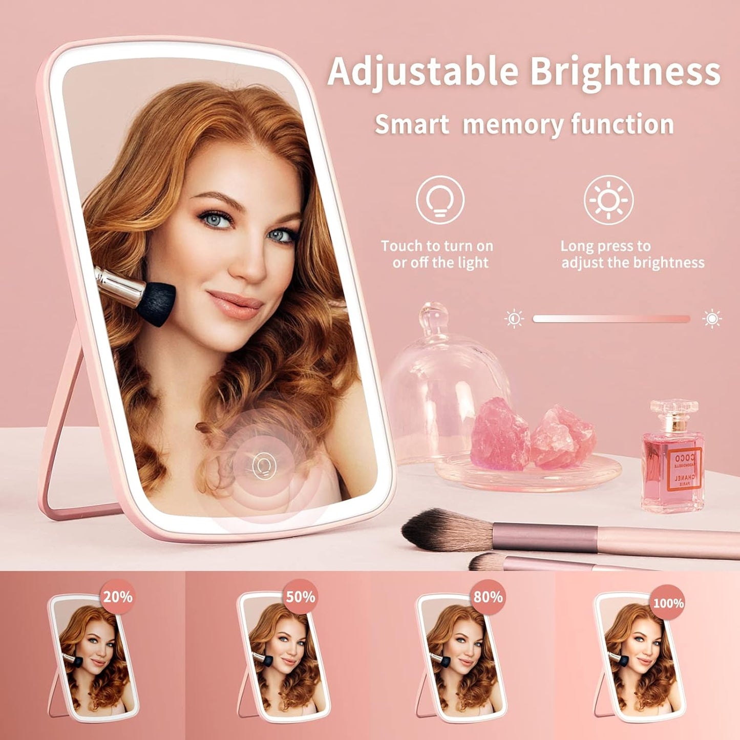 Makeup Vanity Mirror with 42 LED Lights, Touch Control, 3 Color Lighting, USB Rechargeable 2400mAh Battery, Portable Travel Mirror - Pink
