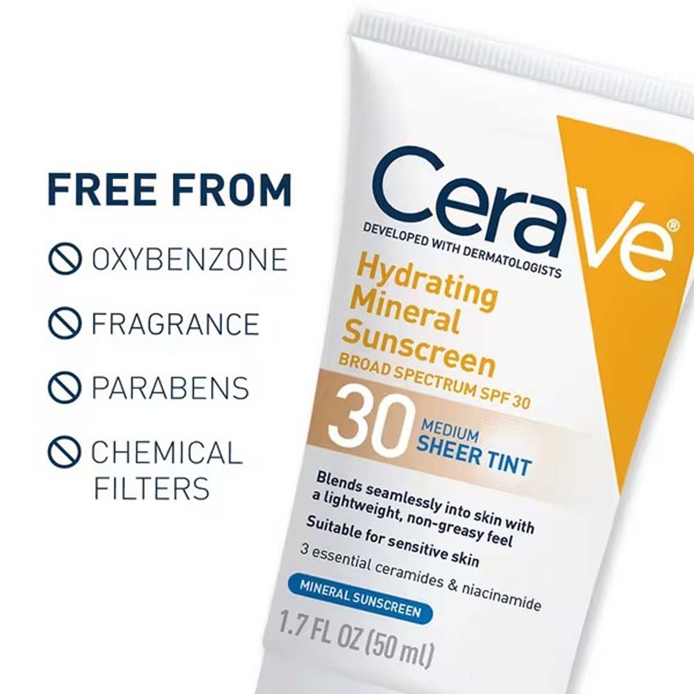 CeraVe Hydrating Mineral Sunscreen Face Lotion SPF 30 with Sheer Tint – 100% Mineral Filter, Broad Spectrum Protection & Healthy Glow Finish