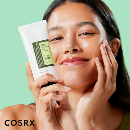 COSRX Aloe Soothing Sun Cream SPF50. Hydrating daily sunscreen for dry, sensitive skin. No white cast. UVA/UVB protection.