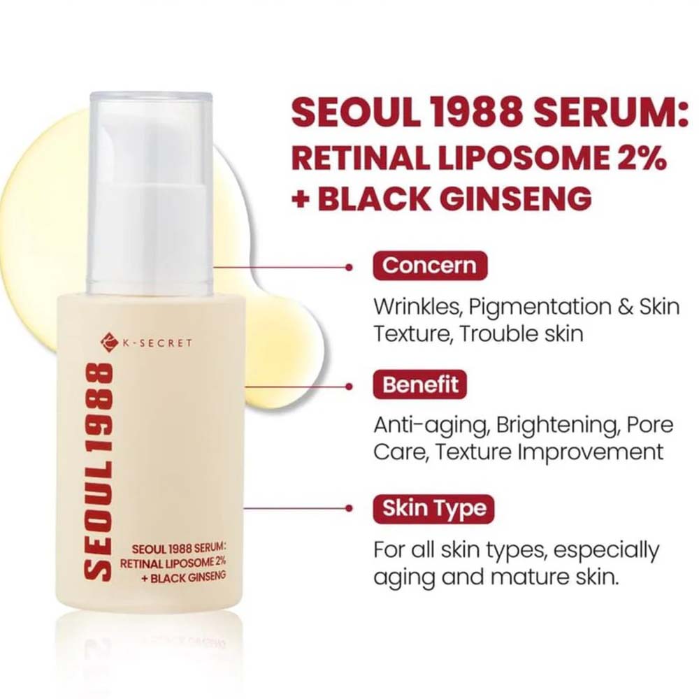 K-Secret SEOUL 1988 Serum with Retinal Liposome 2% & Black Ginseng – Anti-Aging, Wrinkle Care, Brightening & Firming Korean Face Serum 30ml