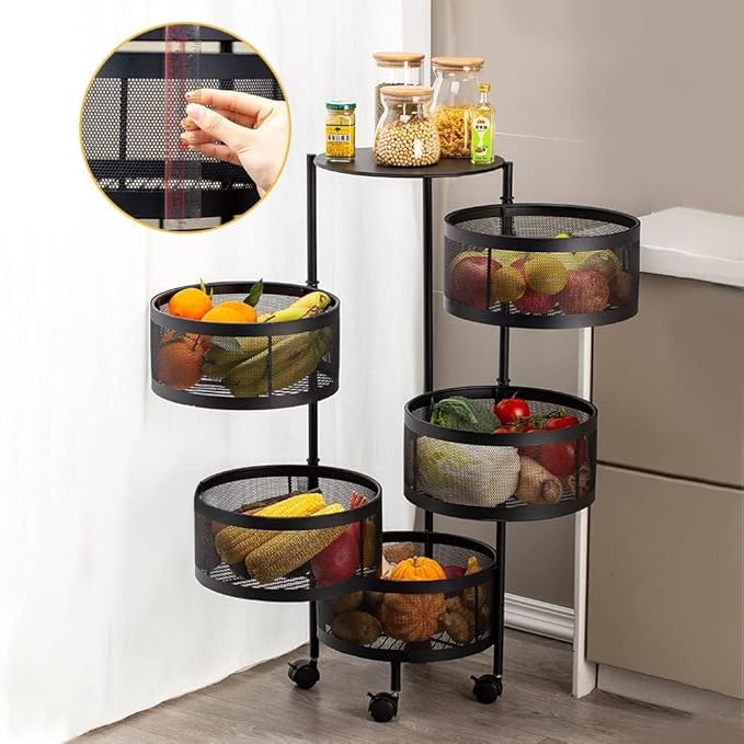 5-Tier Kitchen Storage Shelf - Rotatable Fruit & Vegetable Basket with 360° Swivel Wheels | Circular Rotating Storage Rack for Kitchen, Pantry, Bathroom, and More | Large Capacity Metal Organizer for Snacks, Spices, and Produce