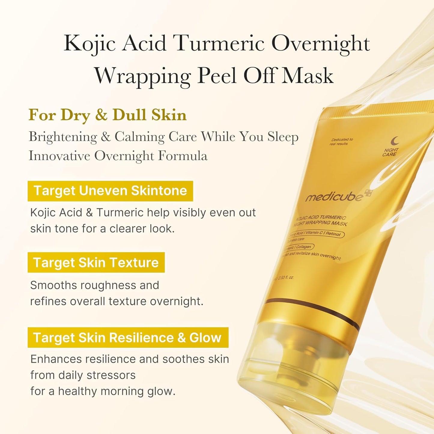 Medicube Turmeric Overnight Wrapping Peel Off Mask. Brightening & nourishing sleep mask for dull, uneven skin tone. 2.53 fl.oz.