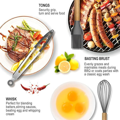 19-Piece Silicone Cooking Utensils & Knife Set with Block | Includes 11 Silicone Utensils, 5 Stainless Steel Knives, Scissors, Cutting Board | Black