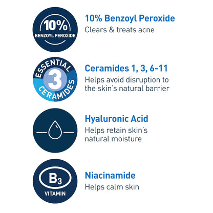 CeraVe Acne Foaming Cream Wash with 10% Benzoyl Peroxide. Treats breakouts on face & body, gentle with Niacinamide & Hyaluronic Acid.