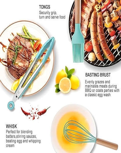 19-Piece Silicone Cooking Utensils & Knife Set with Block | Includes 11 Silicone Utensils, 5 Stainless Steel Knives, Scissors, Cutting Board | Teal